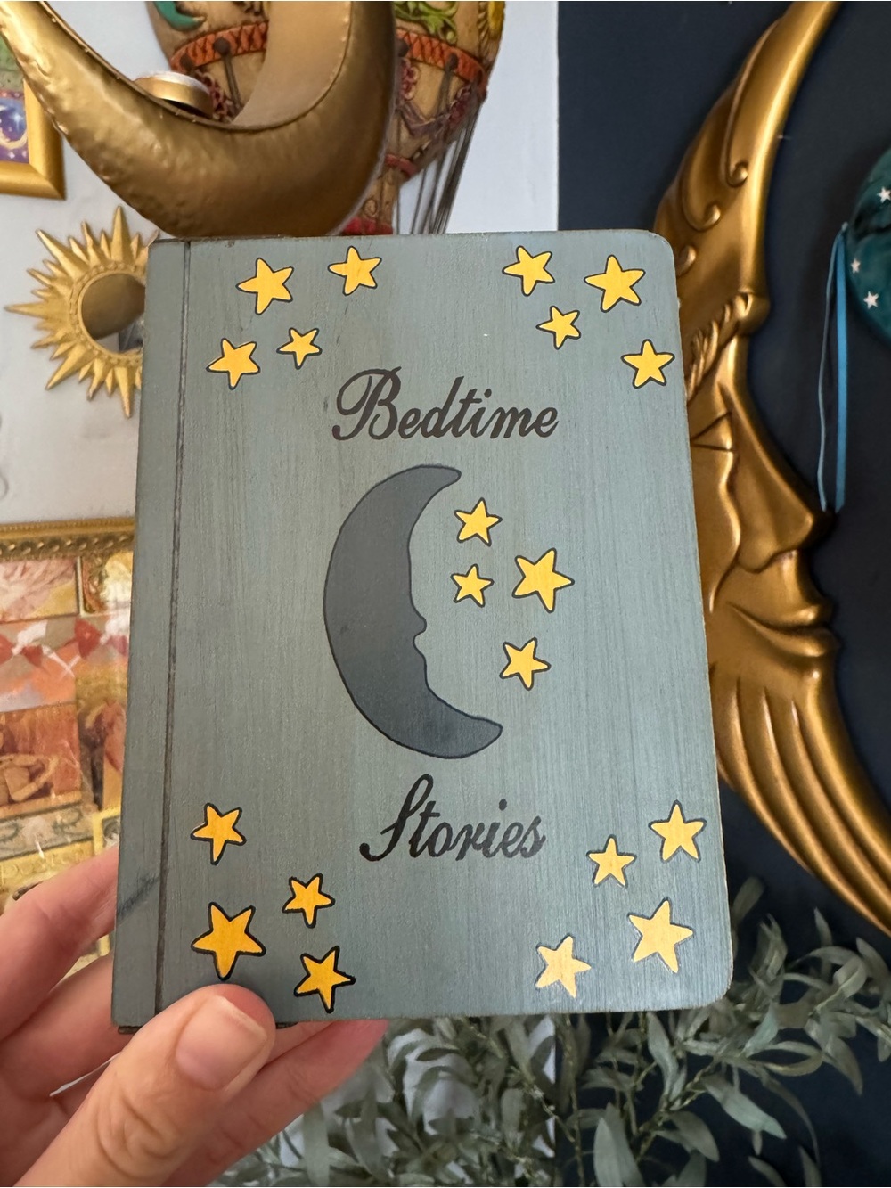 Vintage Wooden Celestial “Bedtime Stories” Book Trinket Box